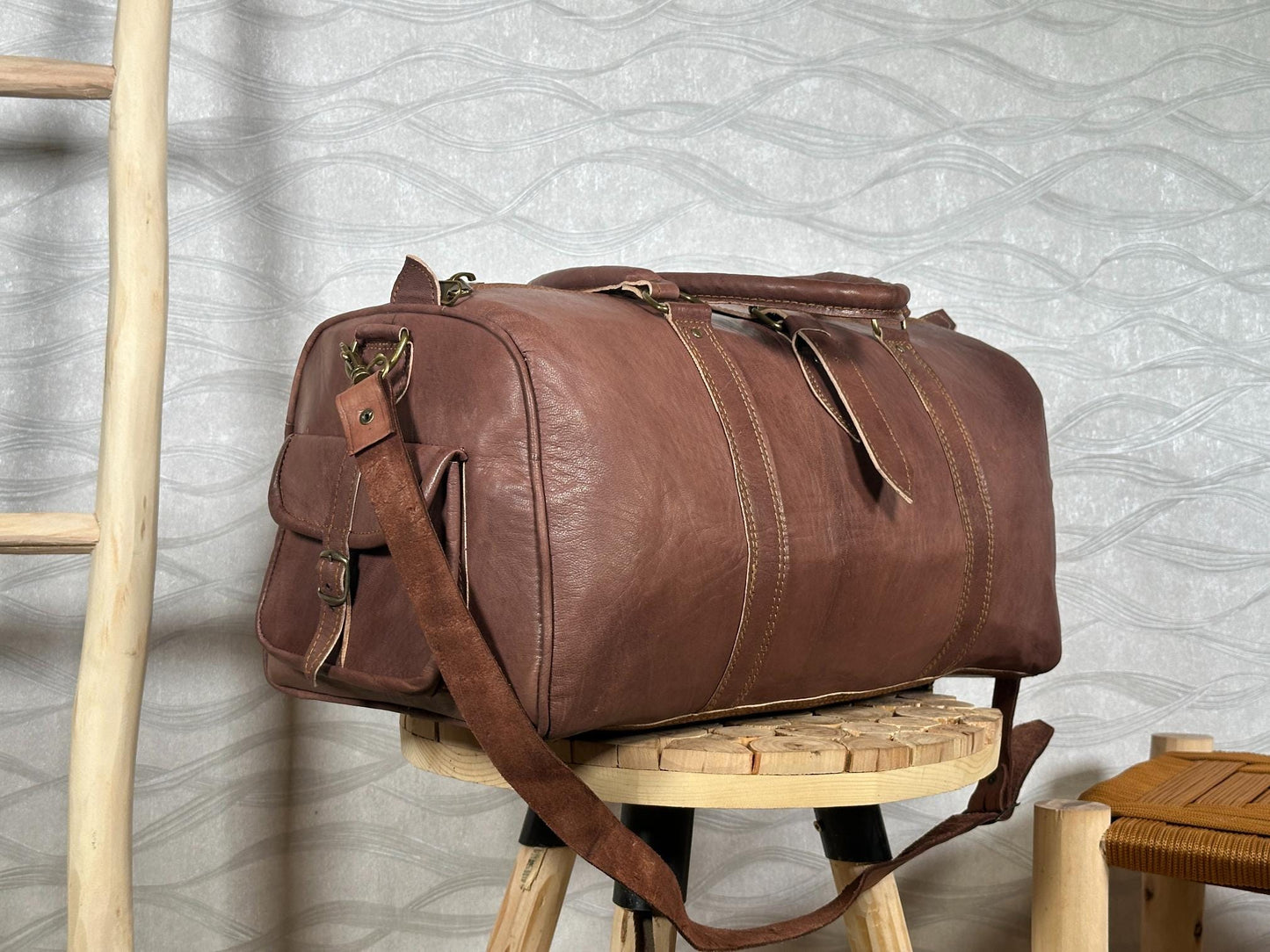 Handmade Moroccan Leather Duffle Bag: Marrakech Travel, Gym Carry-On