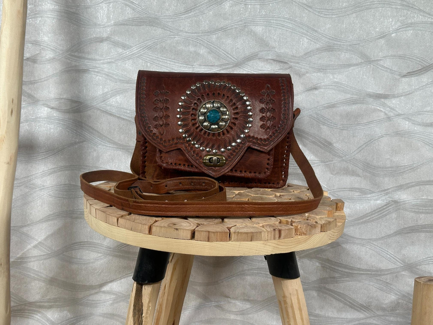 Handmade Moroccan Leather Crossbody Bag: Boho Brass & Blue Stone