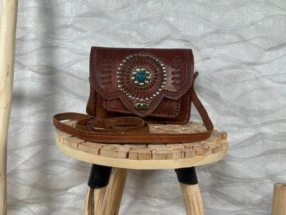 Handmade Moroccan Leather Crossbody Bag: Boho Brass & Blue Stone
