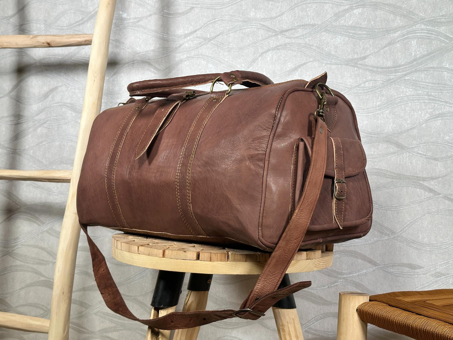 Handmade Moroccan Leather Duffle Bag: Marrakech Travel, Gym Carry-On