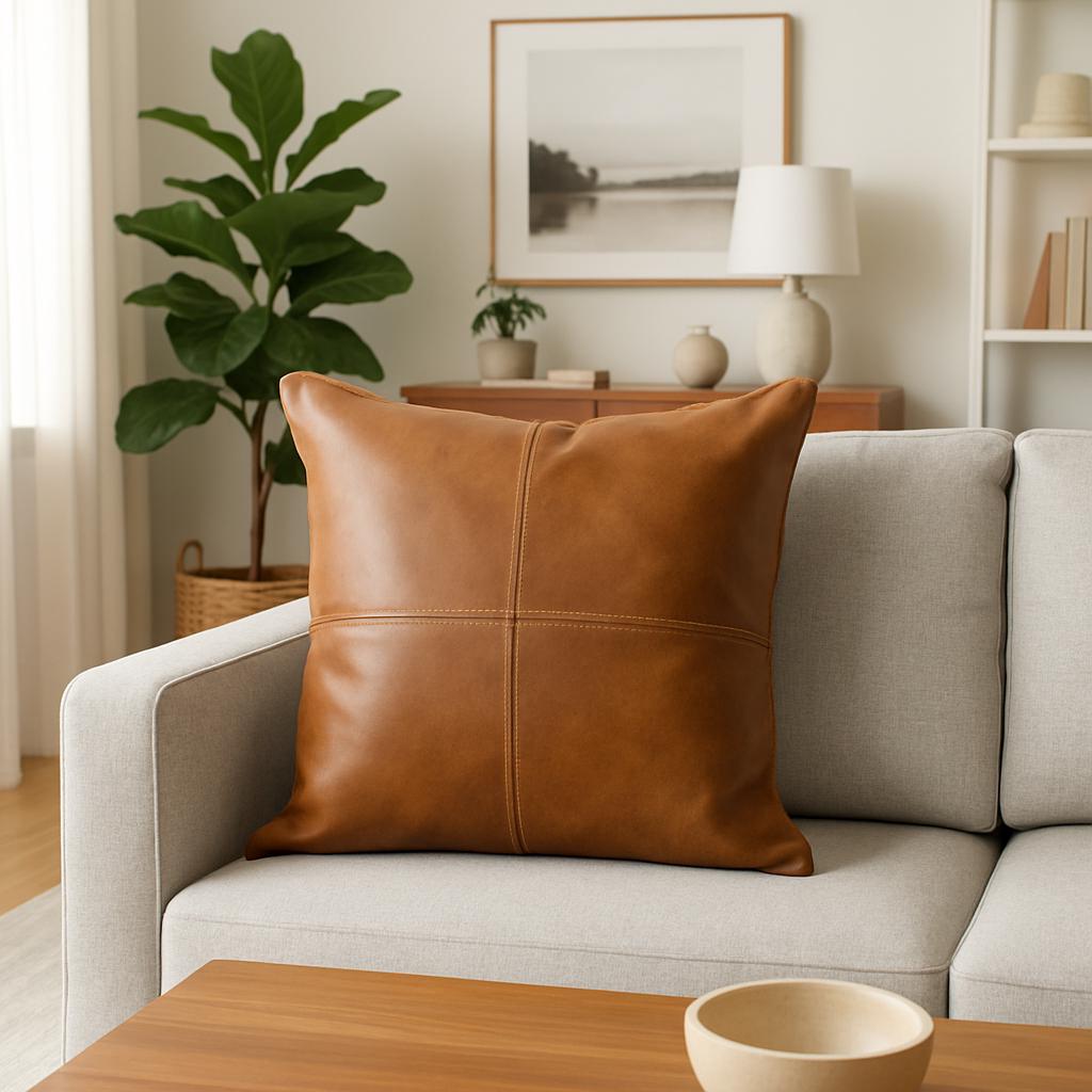 Handmade Tan Leather Pillow Cover: Full-Grain Cowhide Cushion