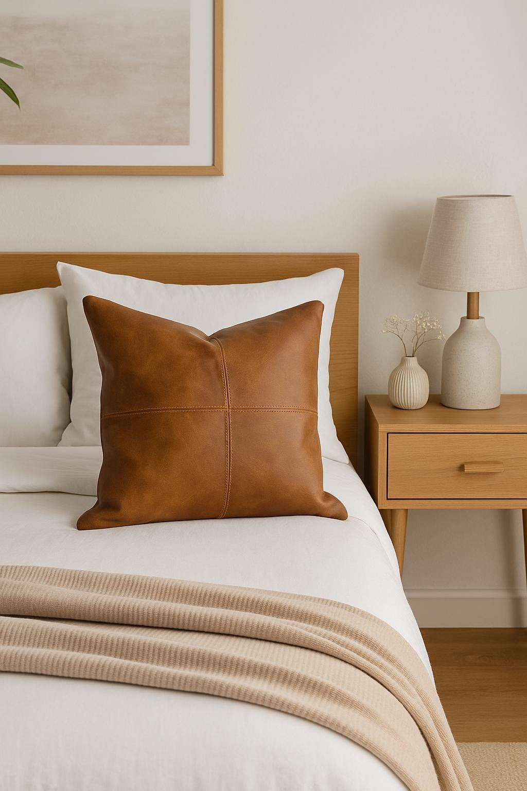 Handmade Tan Leather Pillow Cover: Full-Grain Cowhide Cushion