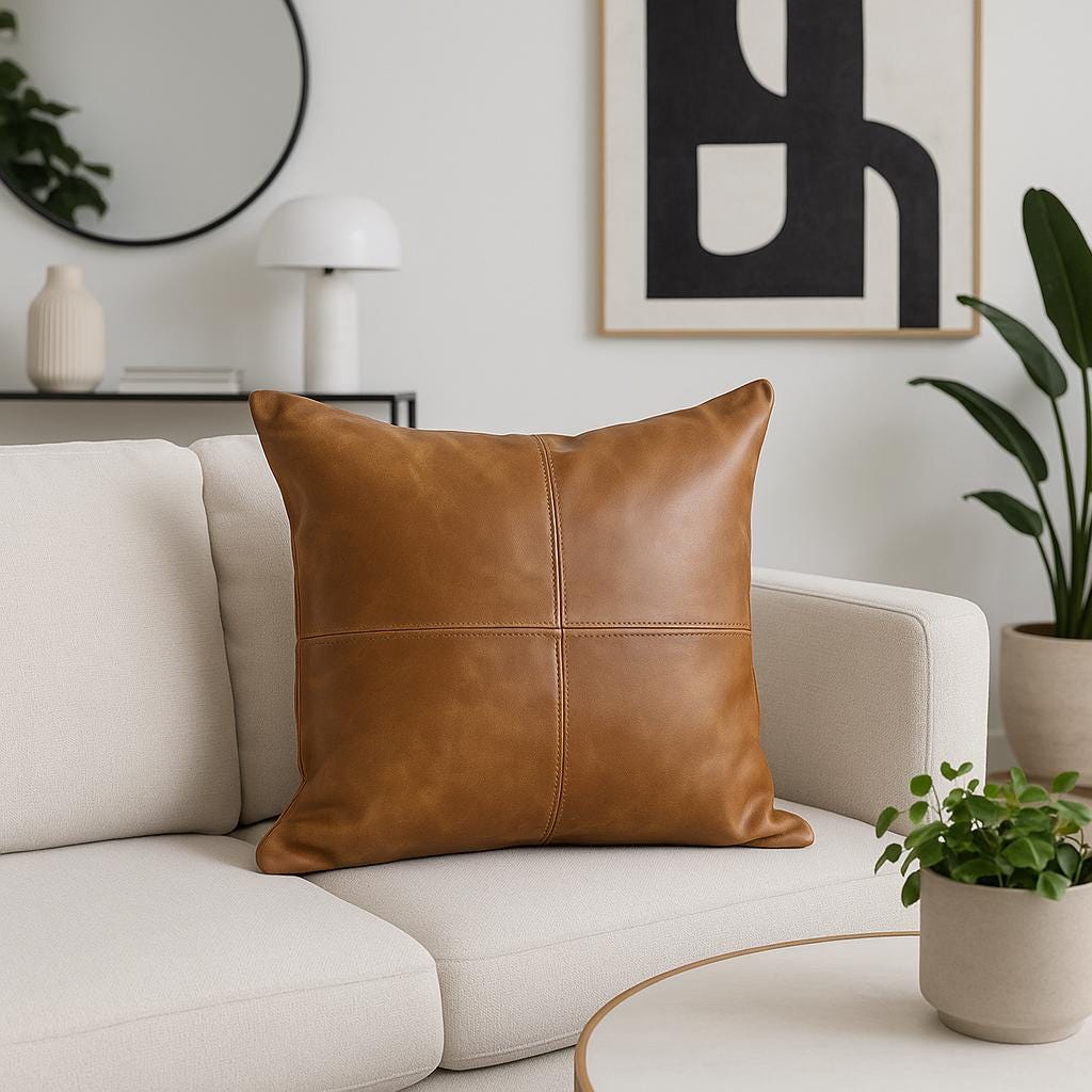Handmade Tan Leather Pillow Cover: Full-Grain Cowhide Cushion