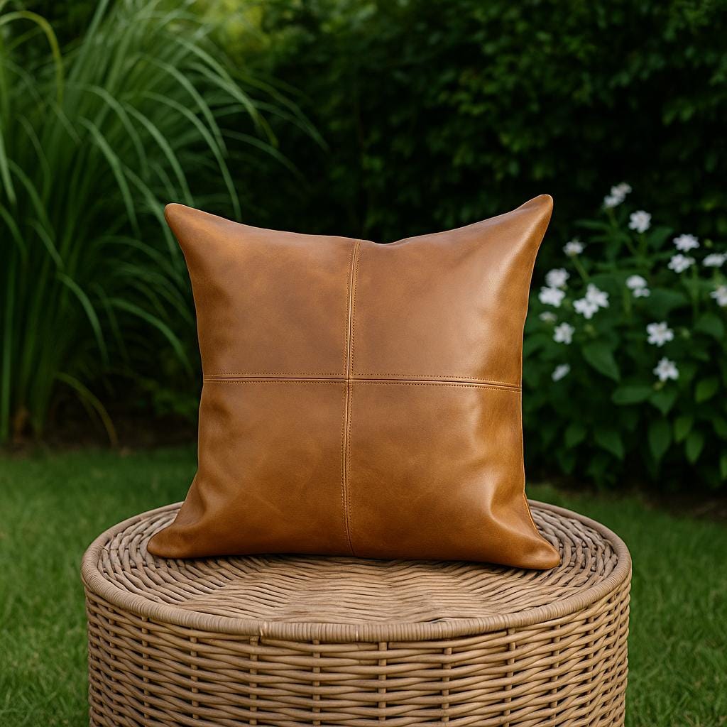 Handmade Tan Leather Pillow Cover: Full-Grain Cowhide Cushion
