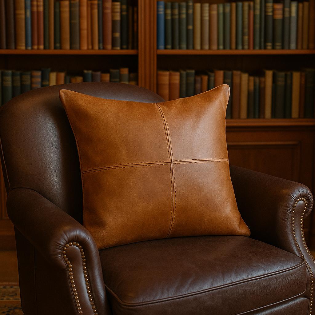 Handmade Tan Leather Pillow Cover: Full-Grain Cowhide Cushion