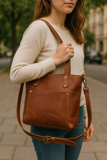 Handmade Leather Mini Tote Bag: Crossbody Shoulder Sling with Zipper