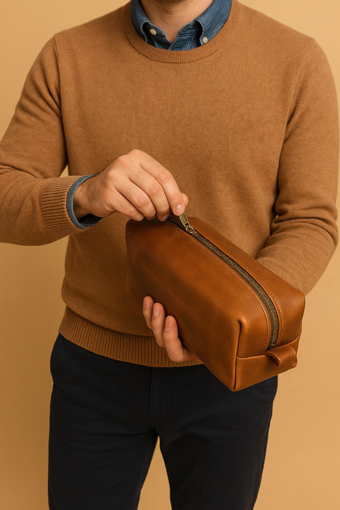 Handmade Leather Dopp Kit: Full Grain Cowhide Toiletry Bag, Brass Zipper