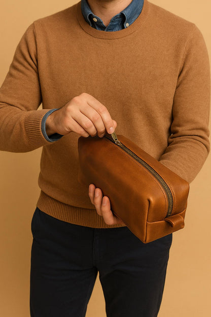 Handmade Leather Dopp Kit: Full Grain Cowhide Toiletry Bag, Brass Zipper