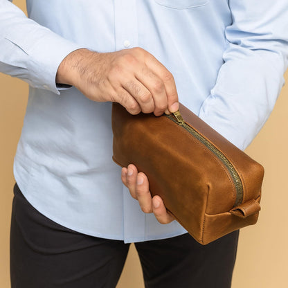 Handmade Leather Dopp Kit: Full Grain Cowhide Toiletry Bag, Brass Zipper