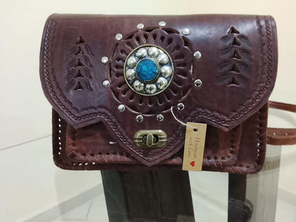 Handmade Moroccan Leather Crossbody Bag: Boho Brass & Blue Stone