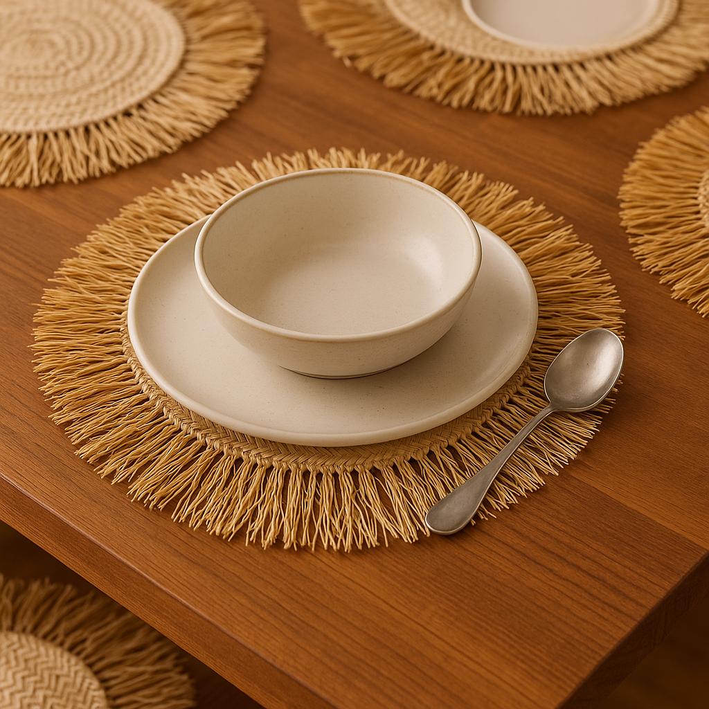 Handmade Raffia Coaster: Large Bohemian Woven Table Mat with Fringe
