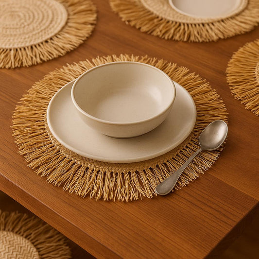 Handmade Raffia Coaster: Large Bohemian Woven Table Mat with Fringe