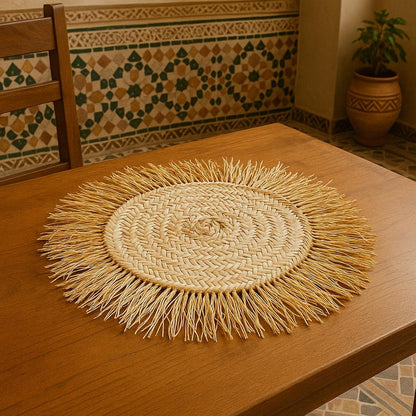 Handmade Raffia Coaster: Large Bohemian Woven Table Mat with Fringe