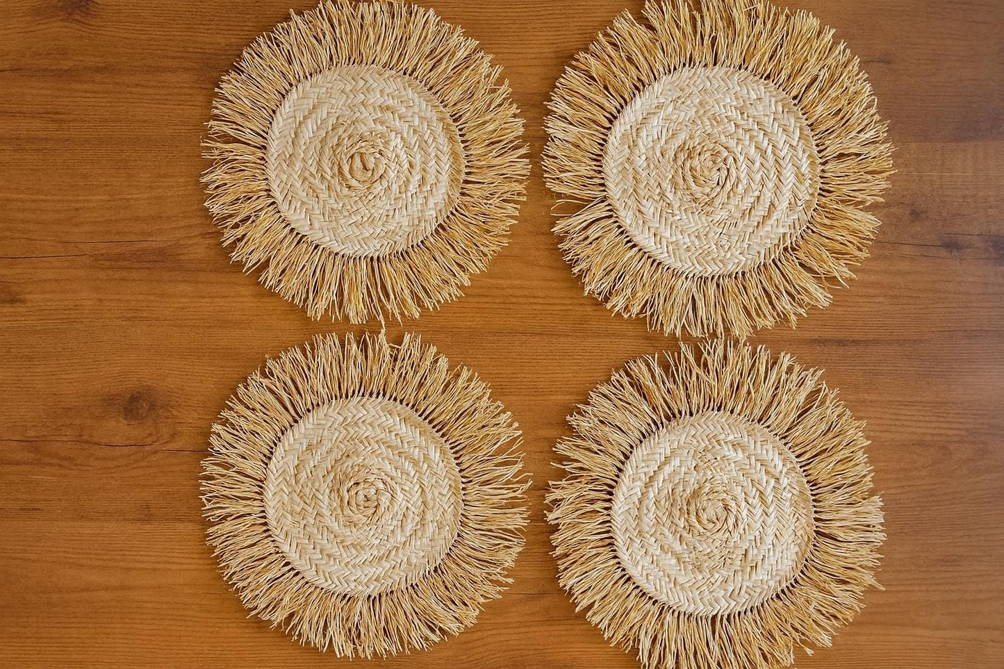 Handmade Raffia Coaster: Large Bohemian Woven Table Mat with Fringe