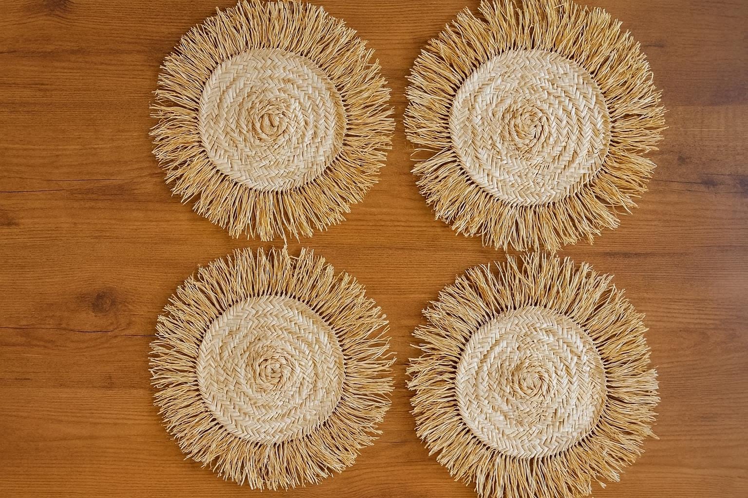 Handmade Raffia Coaster: Large Bohemian Woven Table Mat with Fringe