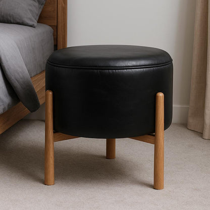 Handmade Round Leather Ottoman Stool – Upholstered Bench Pouf Chair – Modern Coffee Seat or End Table – Custom Genuine or Faux Leather