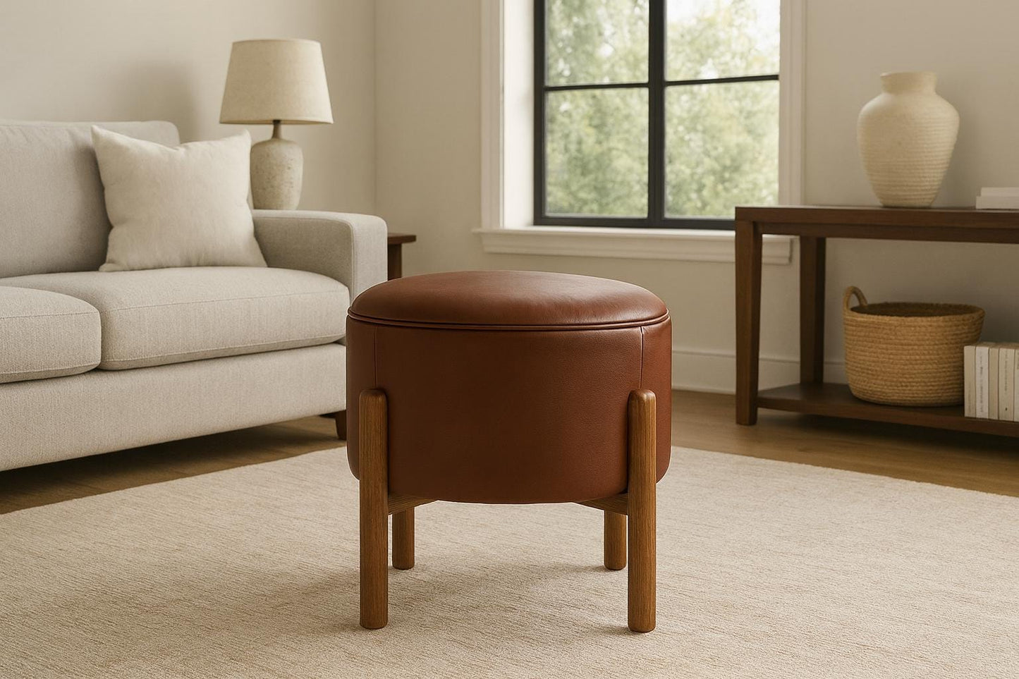 Handmade Round Leather Ottoman Stool – Upholstered Bench Pouf Chair – Modern Coffee Seat or End Table – Custom Genuine or Faux Leather