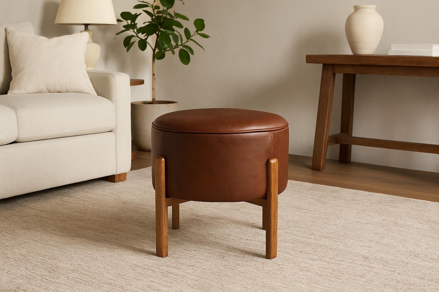 Handmade Round Leather Ottoman Stool – Upholstered Bench Pouf Chair – Modern Coffee Seat or End Table – Custom Genuine or Faux Leather