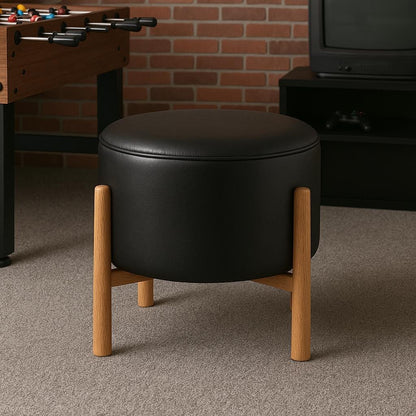 Handmade Round Leather Ottoman Stool – Upholstered Bench Pouf Chair – Modern Coffee Seat or End Table – Custom Genuine or Faux Leather