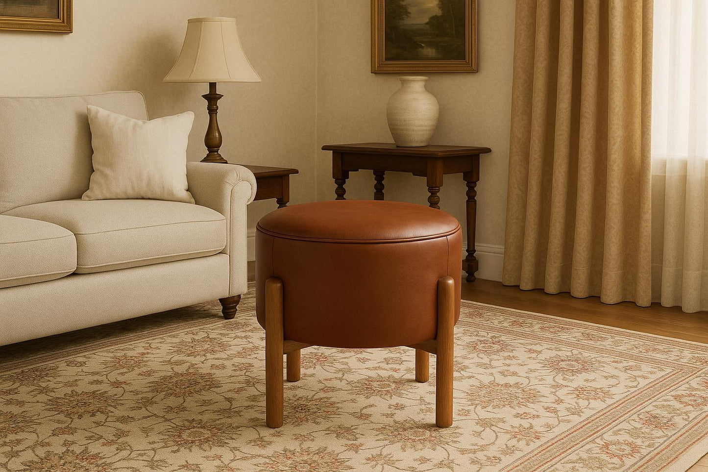 Handmade Round Leather Ottoman Stool – Upholstered Bench Pouf Chair – Modern Coffee Seat or End Table – Custom Genuine or Faux Leather