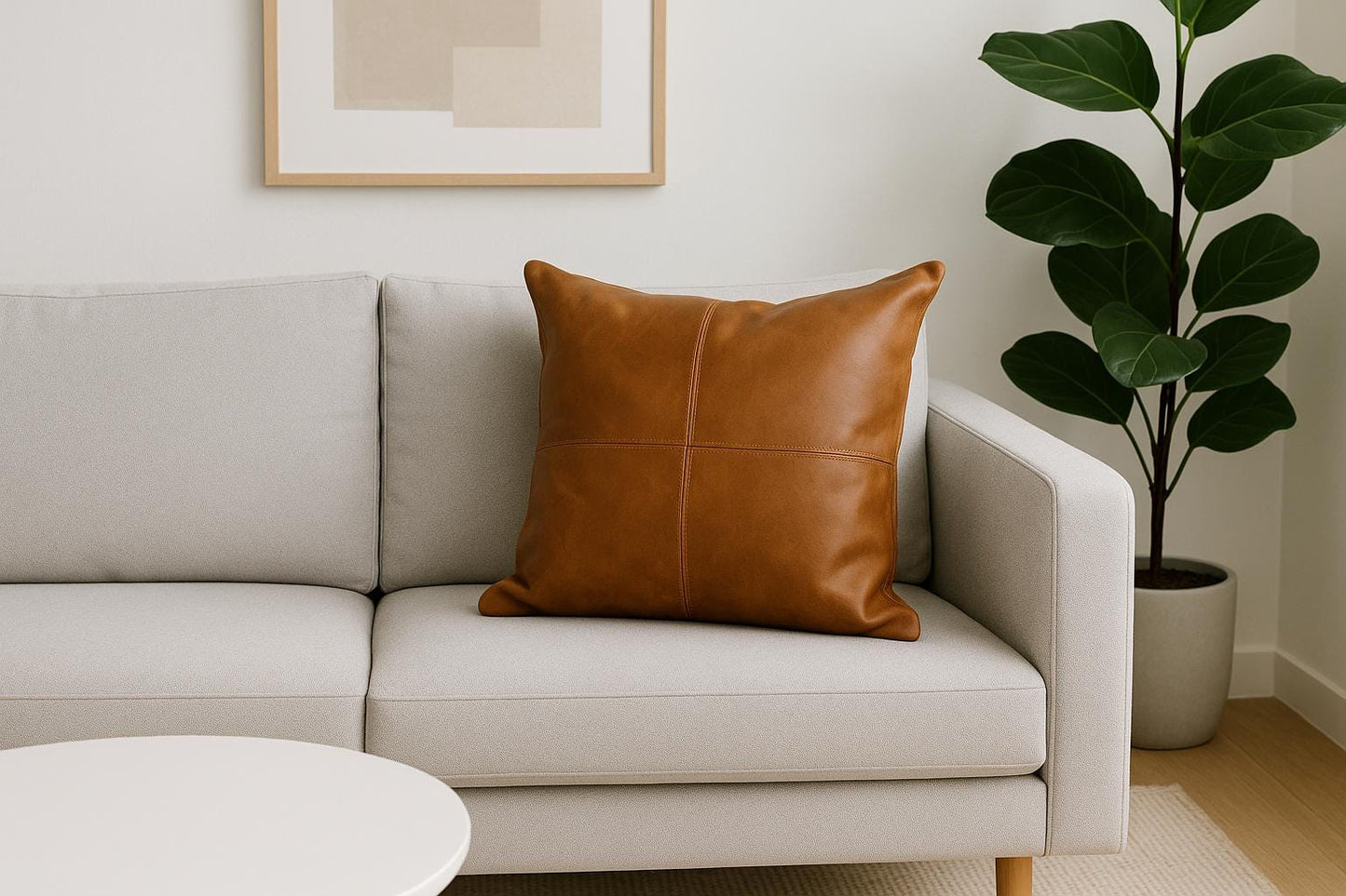 Handmade Tan Leather Pillow Cover: Full-Grain Cowhide Cushion