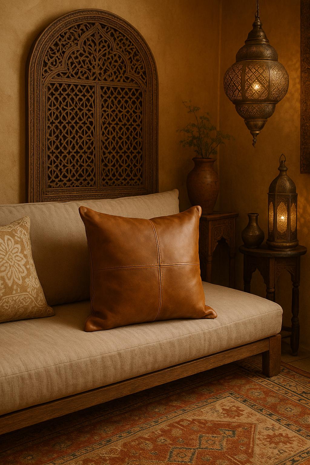 Handmade Tan Leather Pillow Cover: Full-Grain Cowhide Cushion