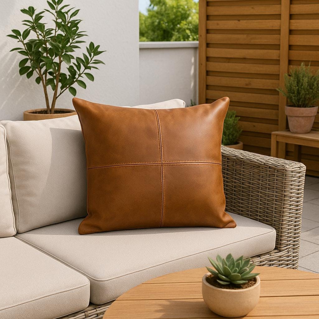Handmade Tan Leather Pillow Cover: Full-Grain Cowhide Cushion