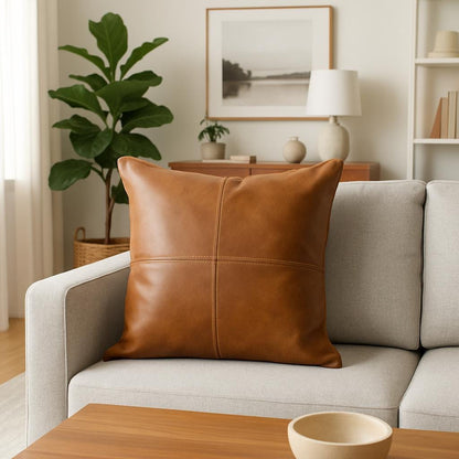 Handmade Tan Leather Pillow Cover: Full-Grain Cowhide Cushion