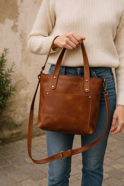Handmade Leather Mini Tote Bag: Crossbody Shoulder Sling with Zipper