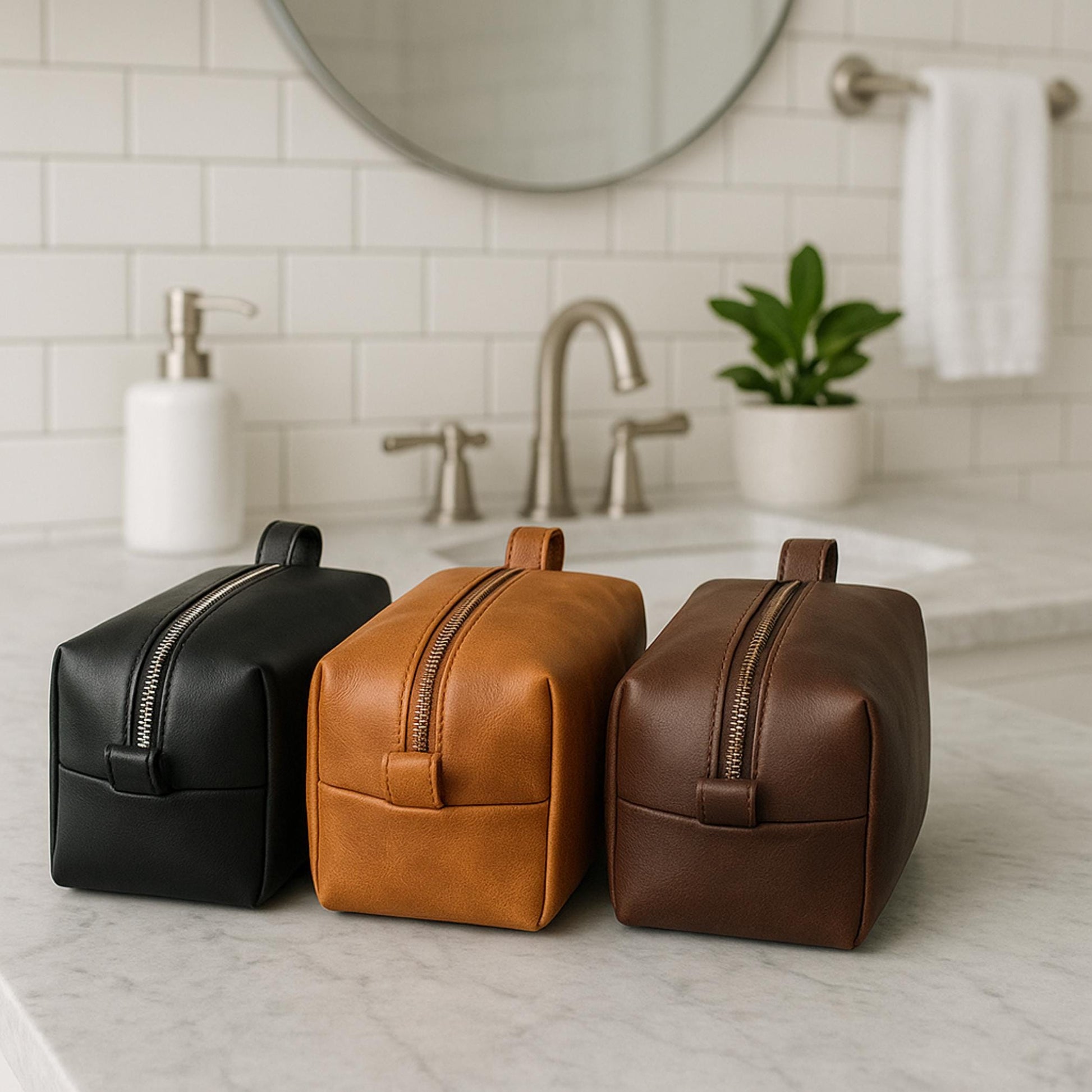 Handmade Leather Dopp Kit: Full Grain Cowhide Toiletry Bag, Brass Zipper