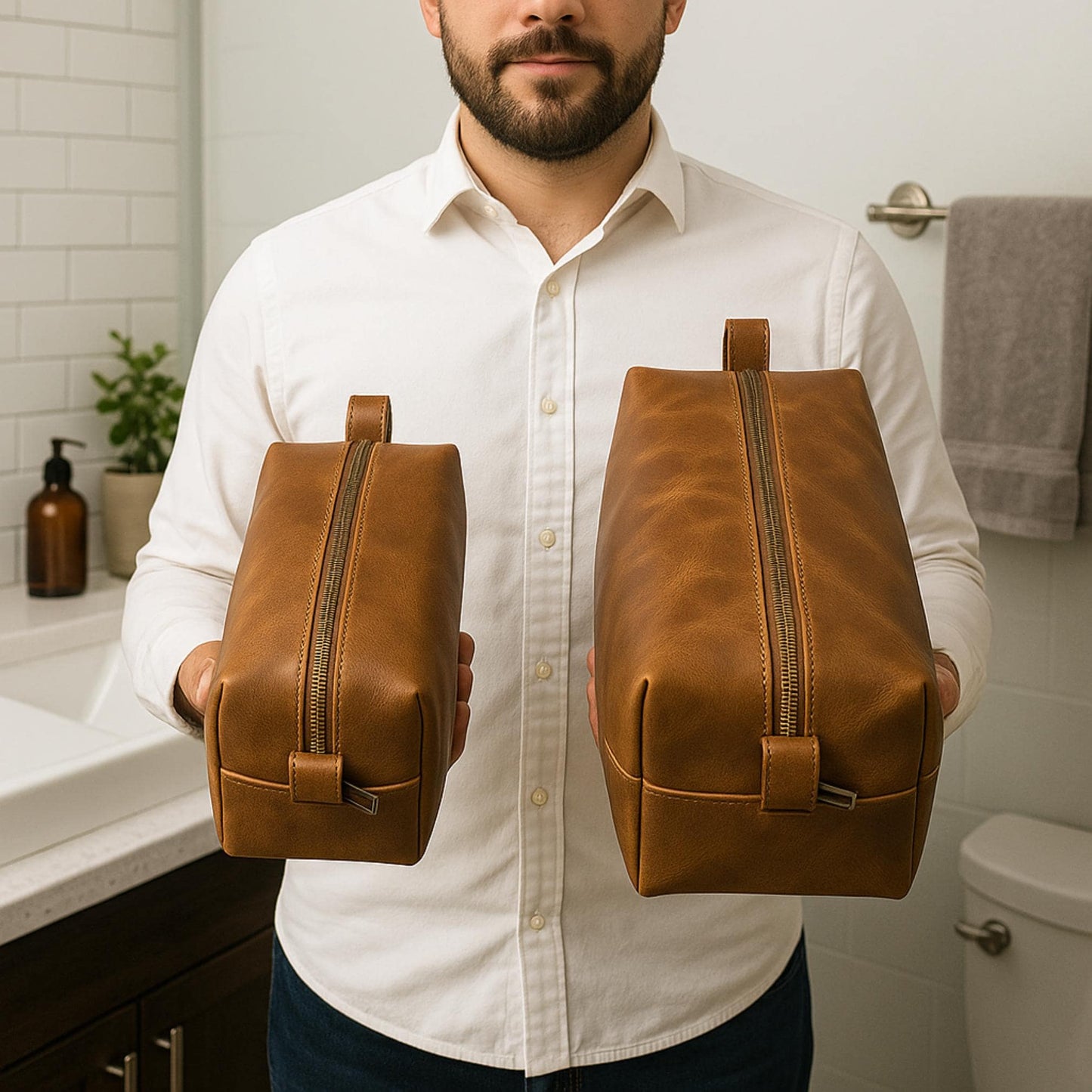 Handmade Leather Dopp Kit: Full Grain Cowhide Toiletry Bag, Brass Zipper