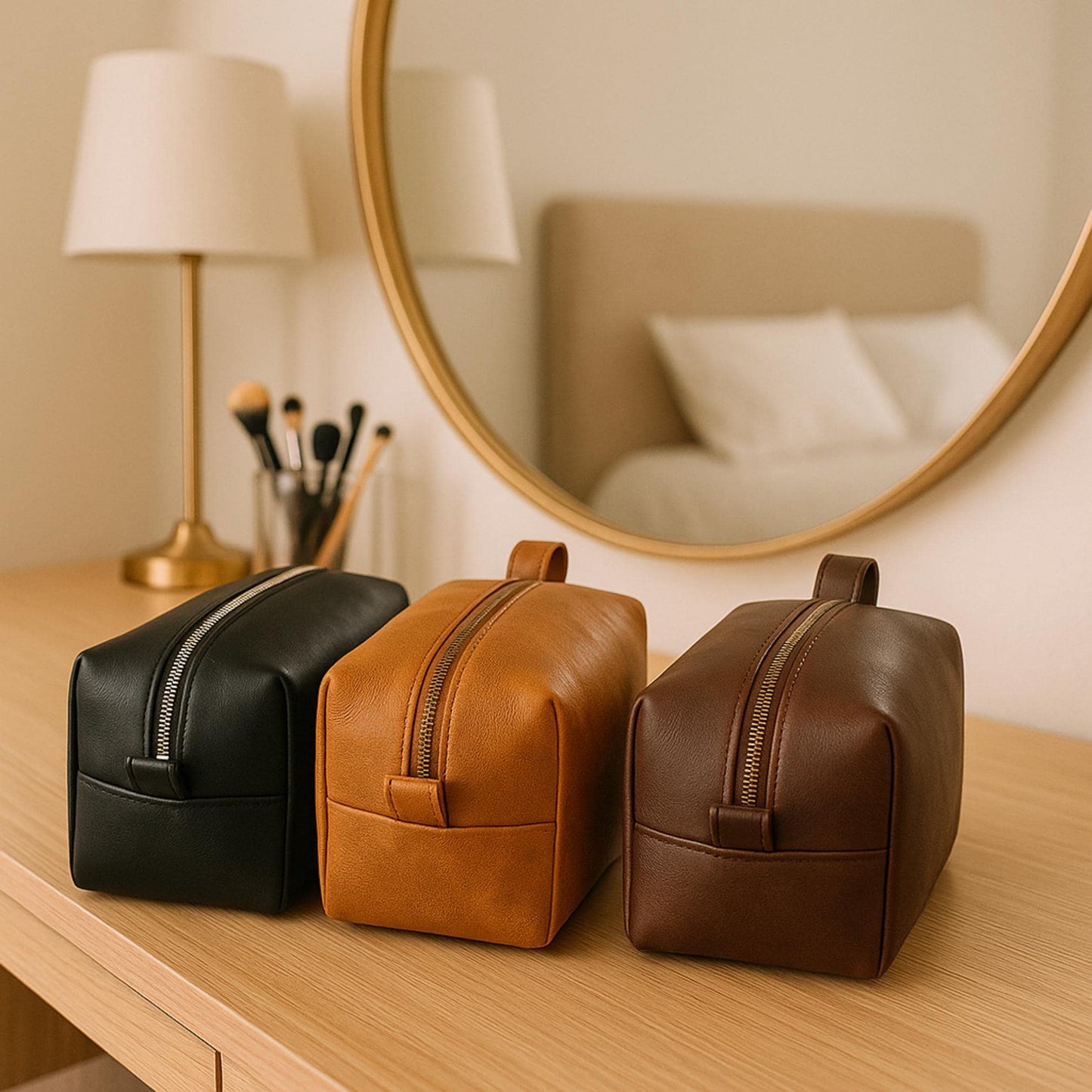 Handmade Leather Dopp Kit: Full Grain Cowhide Toiletry Bag, Brass Zipper