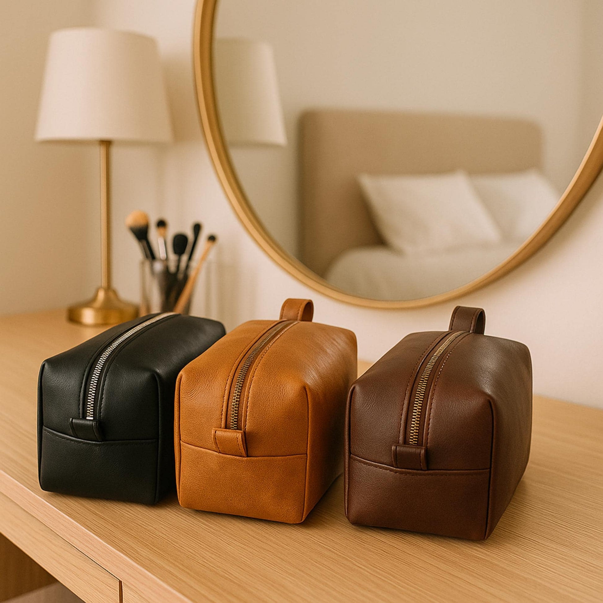 Handmade Leather Dopp Kit: Full Grain Cowhide Toiletry Bag, Brass Zipper