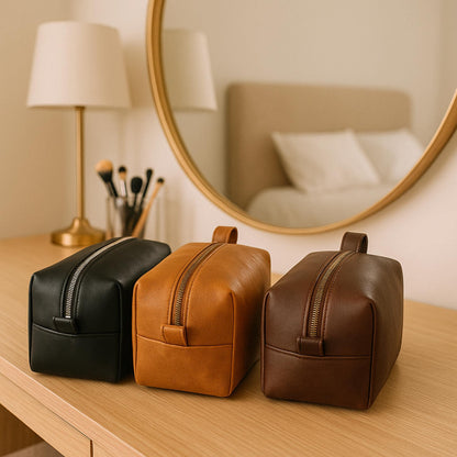 Handmade Leather Dopp Kit: Full Grain Cowhide Toiletry Bag, Brass Zipper