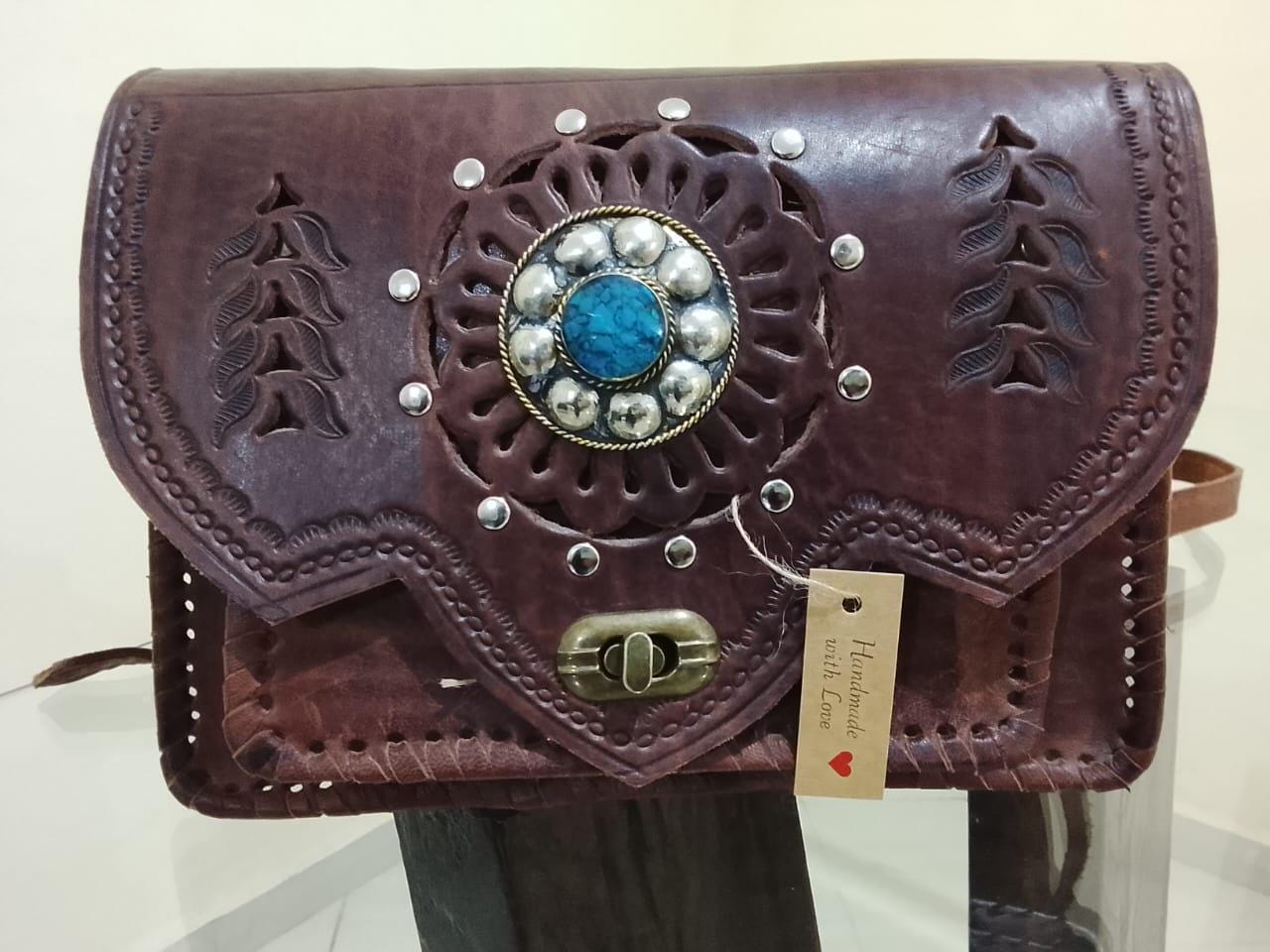 Handmade Moroccan Leather Crossbody Bag: Boho Brass & Blue Stone