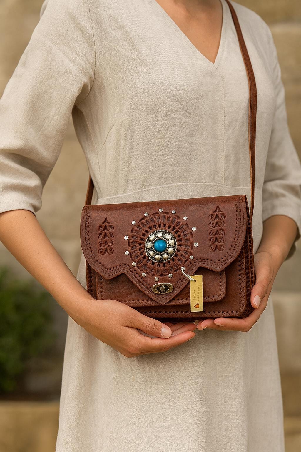 Handmade Moroccan Leather Crossbody Bag: Boho Brass & Blue Stone