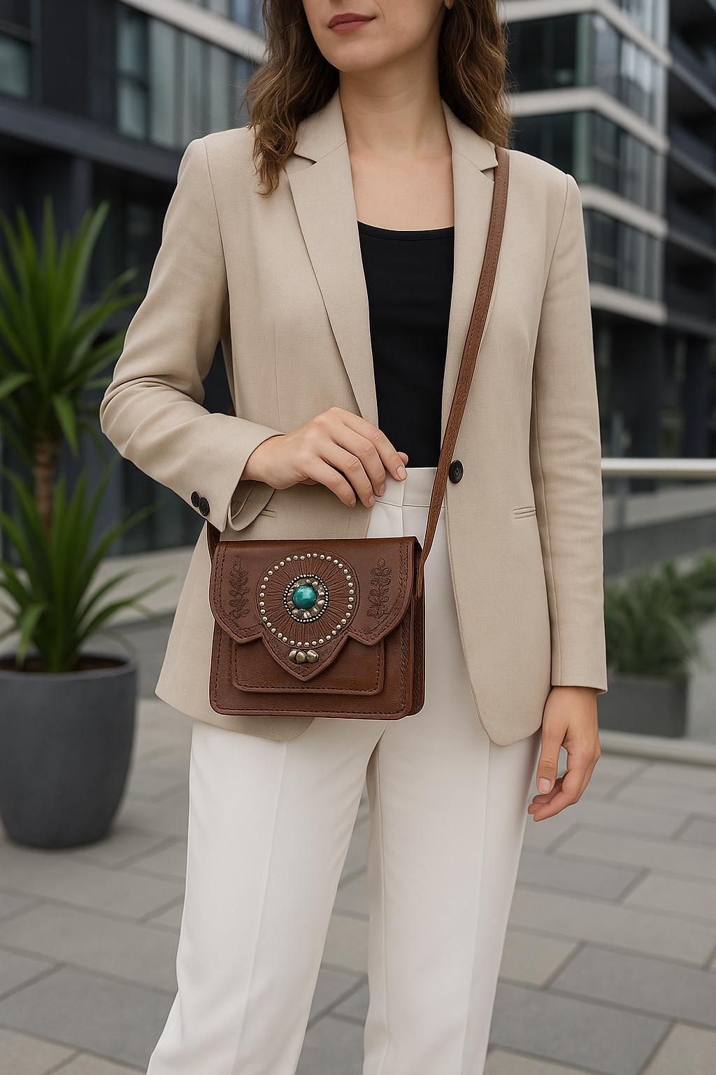 Handmade Moroccan Leather Crossbody Bag: Boho Brass & Blue Stone