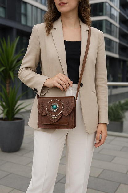 Handmade Moroccan Leather Crossbody Bag: Boho Brass & Blue Stone