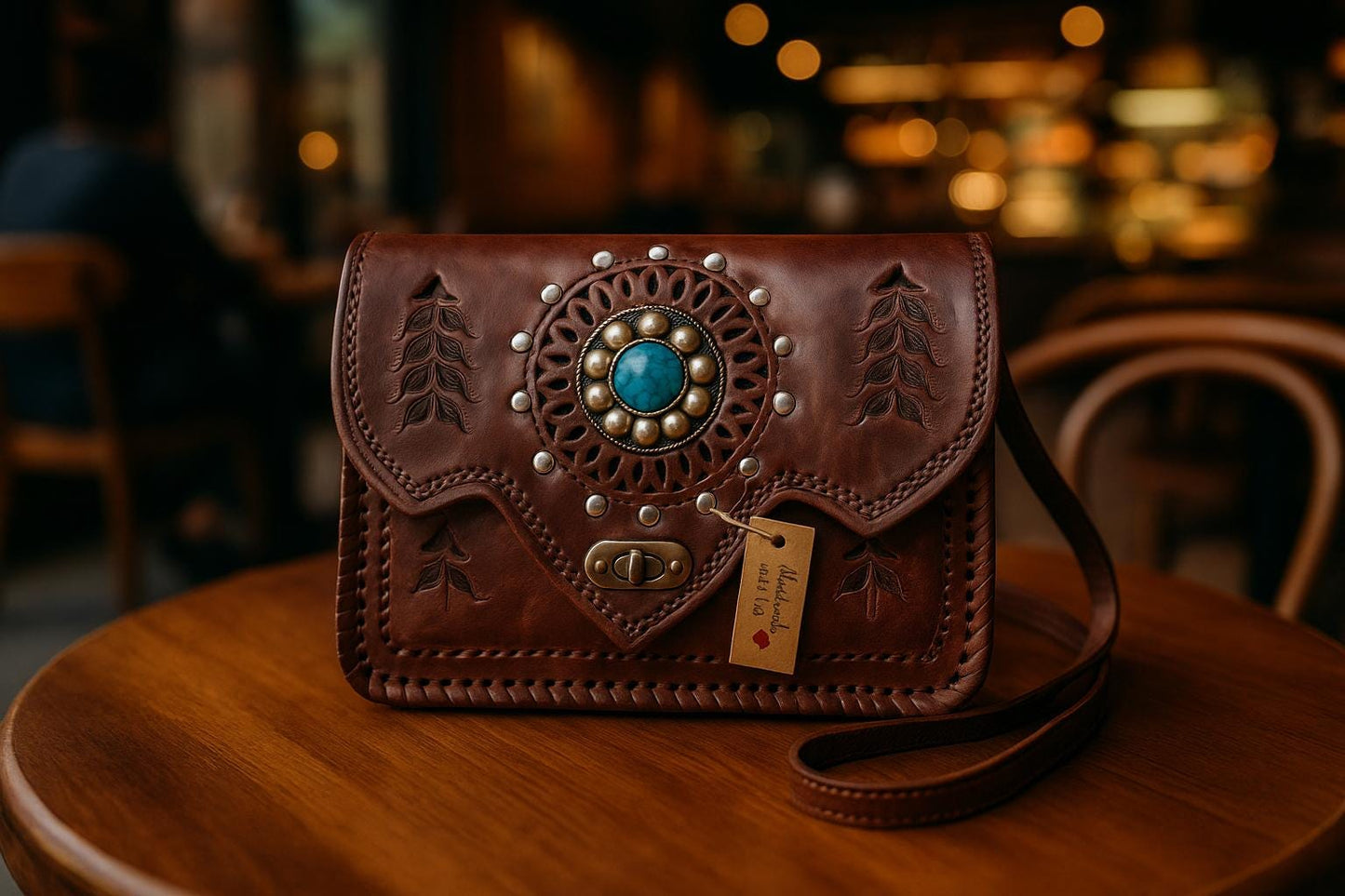 Handmade Moroccan Leather Crossbody Bag: Boho Brass & Blue Stone