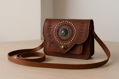 Handmade Moroccan Leather Crossbody Bag: Boho Brass & Blue Stone