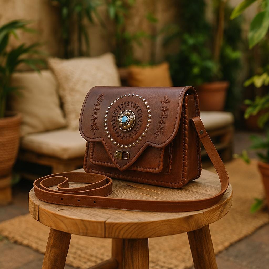 Handmade Moroccan Leather Crossbody Bag: Boho Brass & Blue Stone