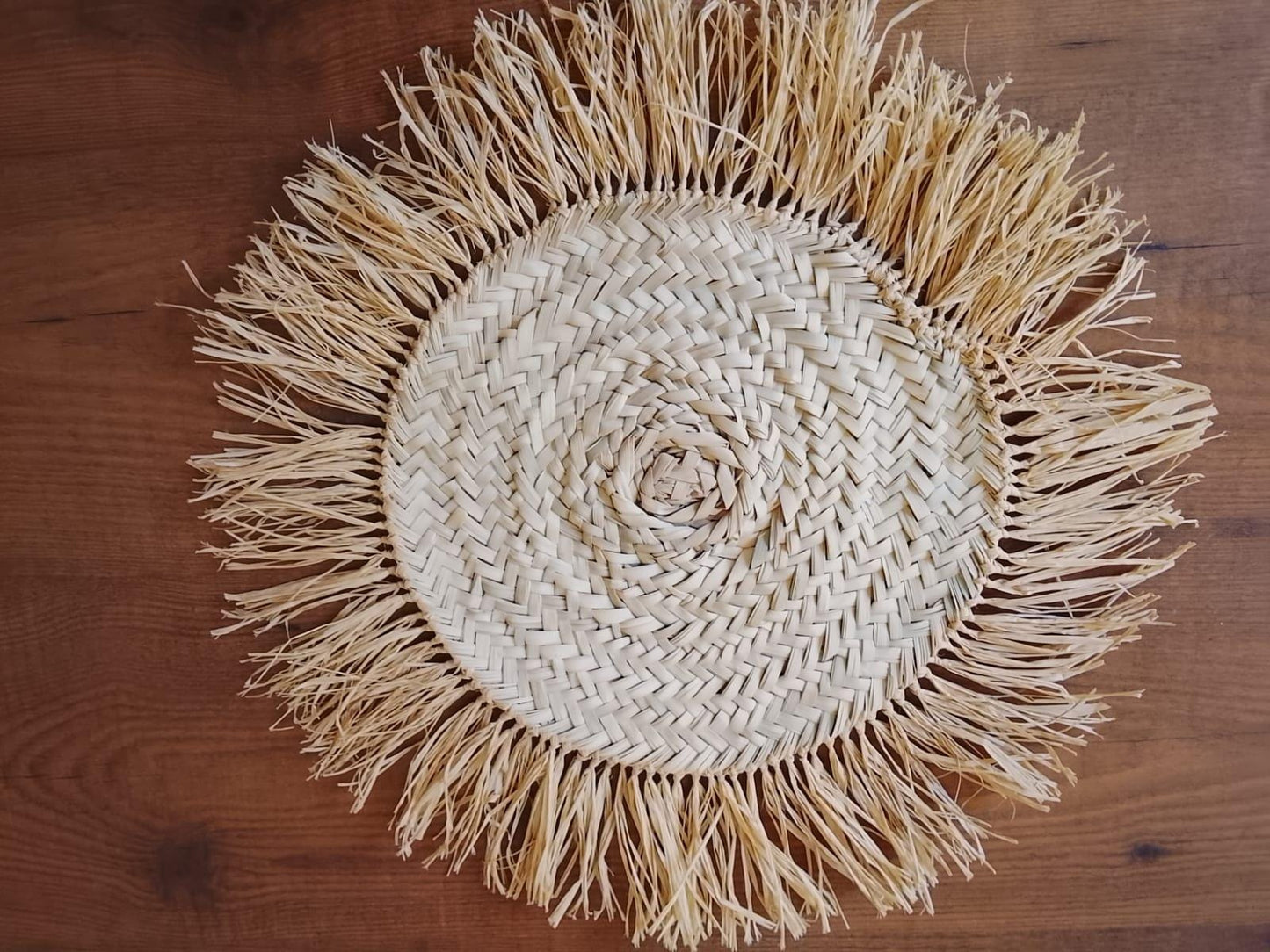 Handmade Raffia Coaster: Large Bohemian Woven Table Mat with Fringe