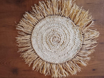Handmade Raffia Coaster: Large Bohemian Woven Table Mat with Fringe