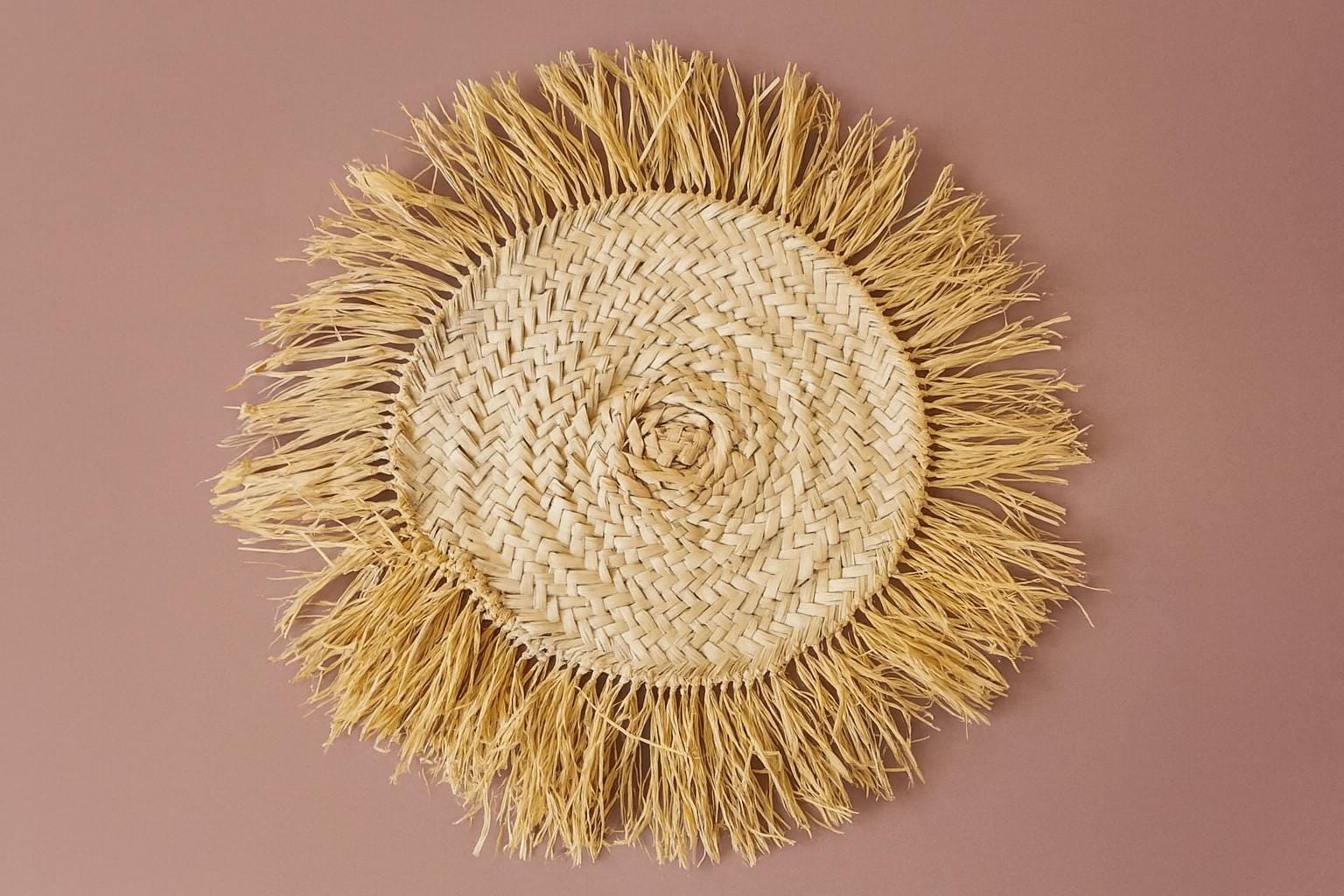 Handmade Raffia Coaster: Large Bohemian Woven Table Mat with Fringe