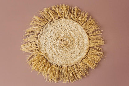 Handmade Raffia Coaster: Large Bohemian Woven Table Mat with Fringe