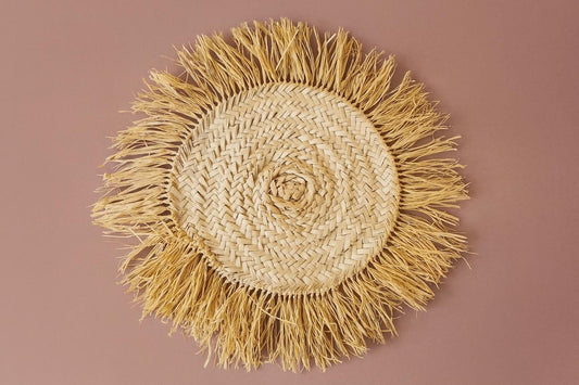 Handmade Raffia Coaster: Large Bohemian Woven Table Mat with Fringe