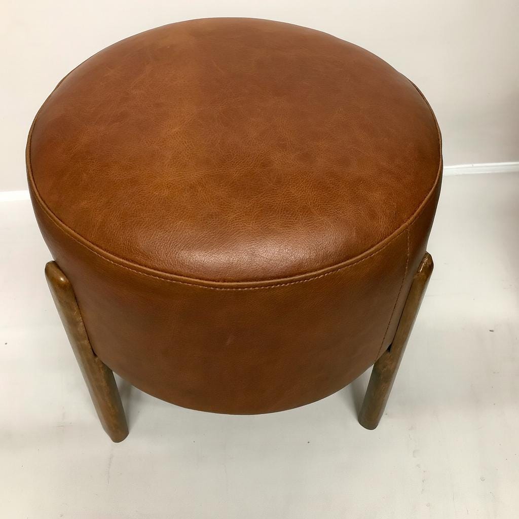 Handmade Round Leather Ottoman Stool – Upholstered Bench Pouf Chair – Modern Coffee Seat or End Table – Custom Genuine or Faux Leather