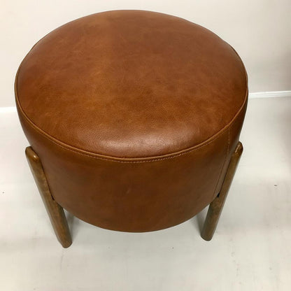 Handmade Round Leather Ottoman Stool – Upholstered Bench Pouf Chair – Modern Coffee Seat or End Table – Custom Genuine or Faux Leather