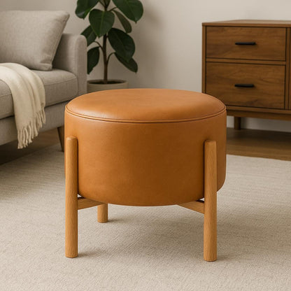 Handmade Round Leather Ottoman Stool – Upholstered Bench Pouf Chair – Modern Coffee Seat or End Table – Custom Genuine or Faux Leather