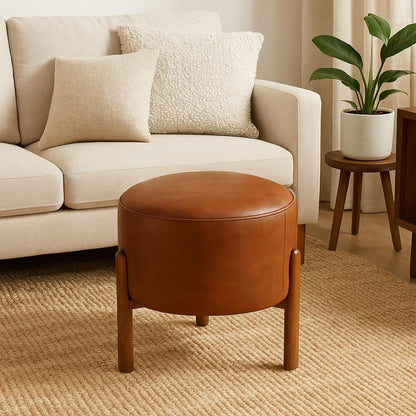 Handmade Round Leather Ottoman Stool – Upholstered Bench Pouf Chair – Modern Coffee Seat or End Table – Custom Genuine or Faux Leather